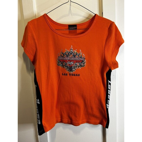 Harley Davidson Cafe Ladies Orange Biker T Shirt Women’s XL - Picture 1 of 7